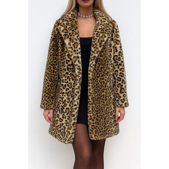 BCBGeneration Womens M Faux Fur Coat Mid Length Leopard Y2K 90s Glam Mobwife - Picture 1 of 13